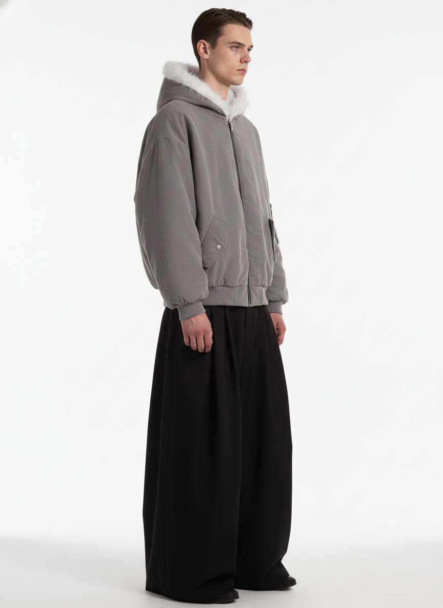 Oversized Reversible Plush Hooded Jacket with Faux Fur Lining