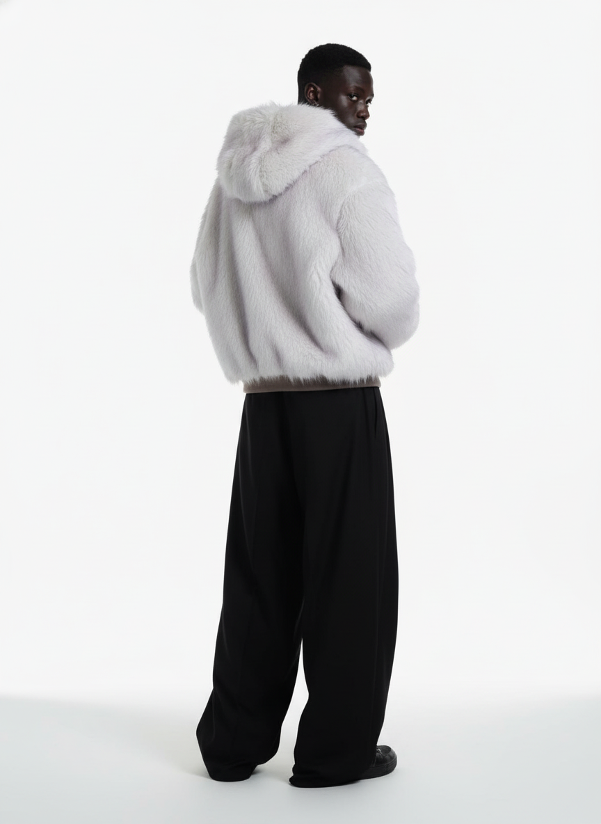 Oversized Reversible Plush Hooded Jacket with Faux Fur Lining