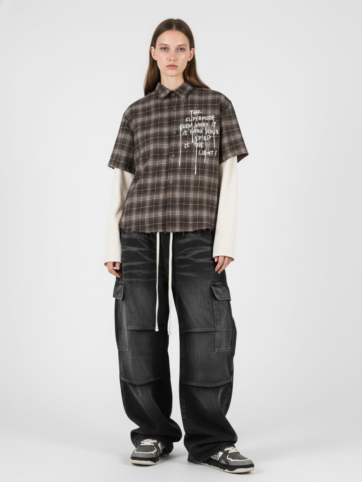 Distressed Plaid Faux Two-Piece Shirt with Embroidered Frayed Hem