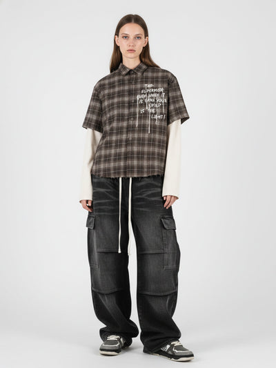 Distressed Plaid Faux Two-Piece Shirt with Embroidered Frayed Hem